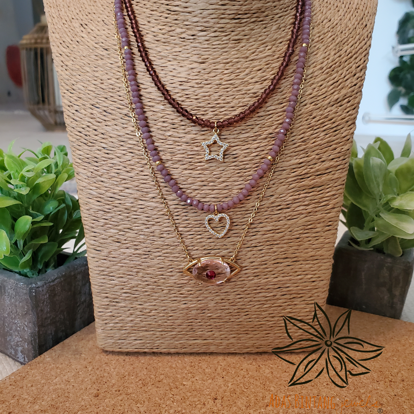 Lucky Eye Necklace Pink Glass Stone