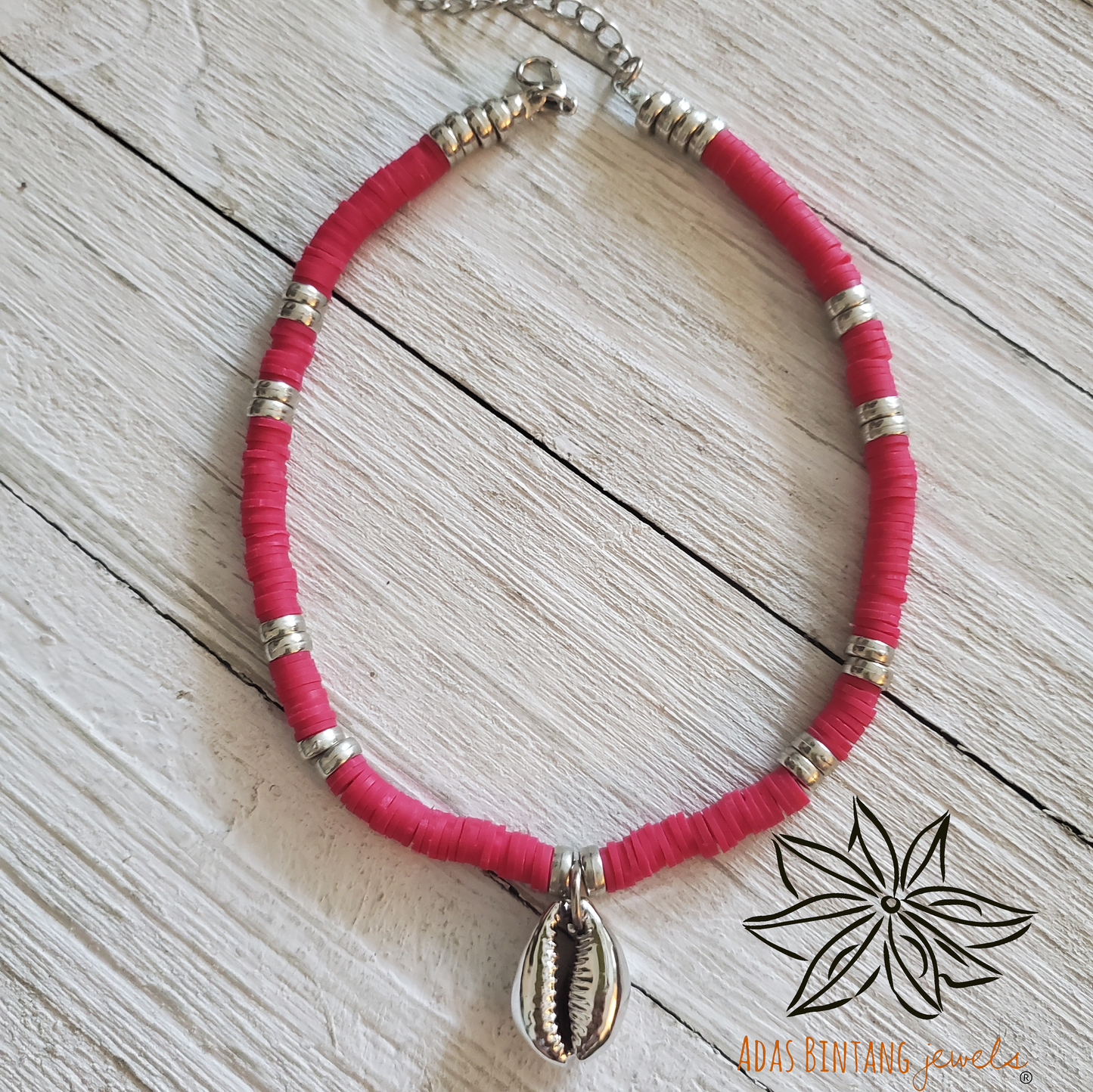 Pink Fuchsia Discs/Silver Buzio Pendant Necklace Beach Collection