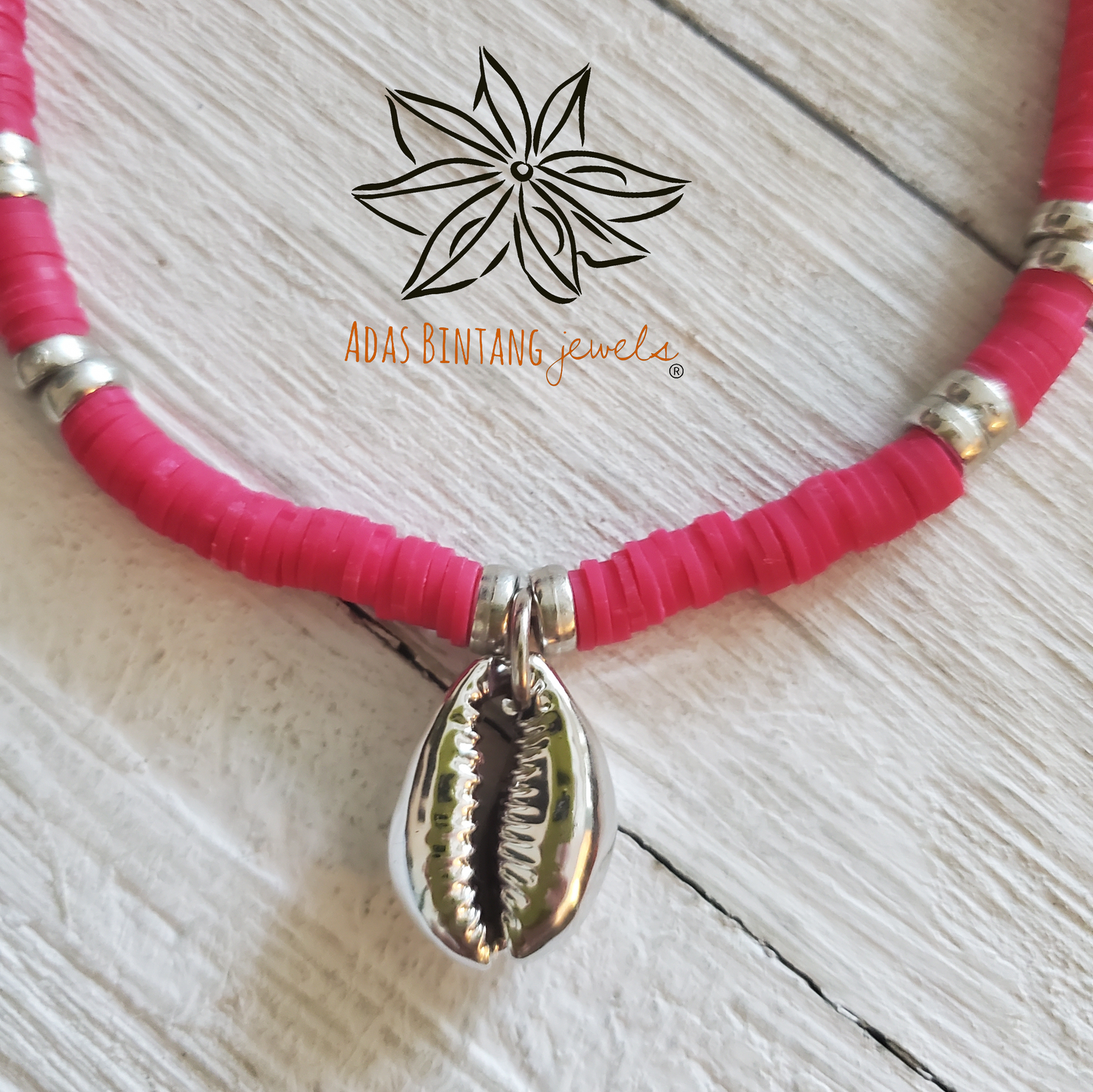 Pink Fuchsia Discs/Silver Buzio Pendant Necklace Beach Collection